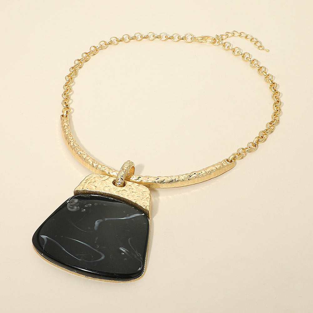Madeline Love Black, Gold Bold Geometric Plate Pendant Accent Statement Necklace - Earrings