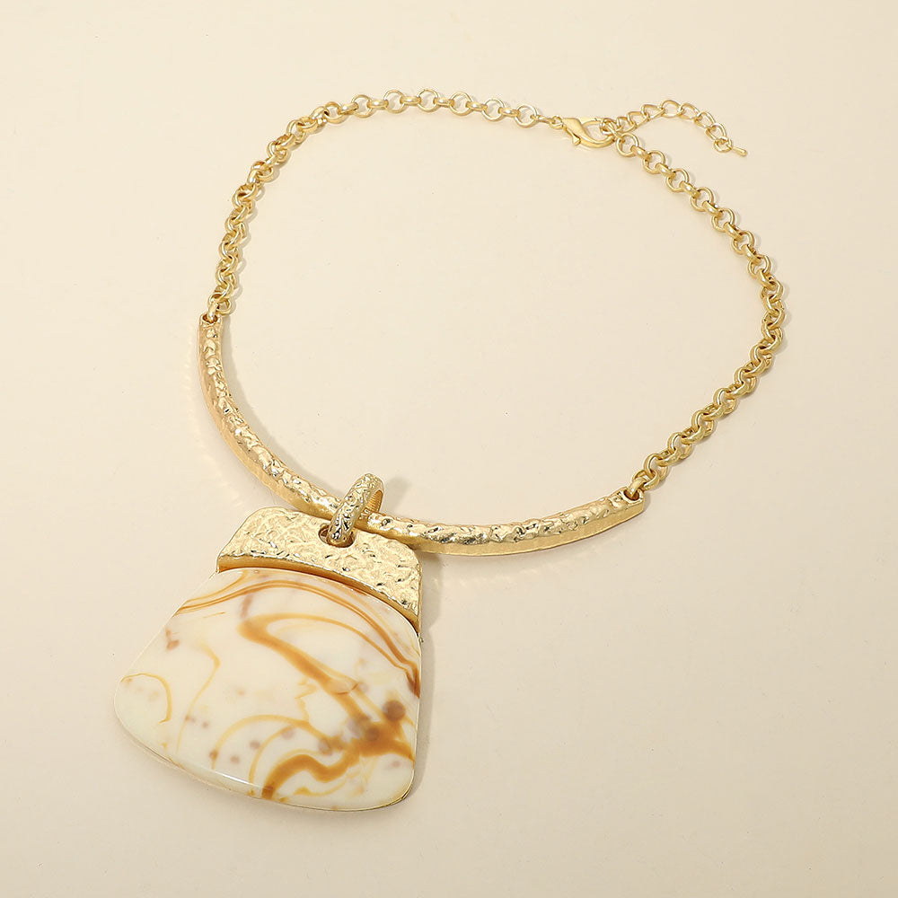 Madeline Love Gold, Ivory Bold Geometric Plate Pendant Accent Statement Necklace - Earrings