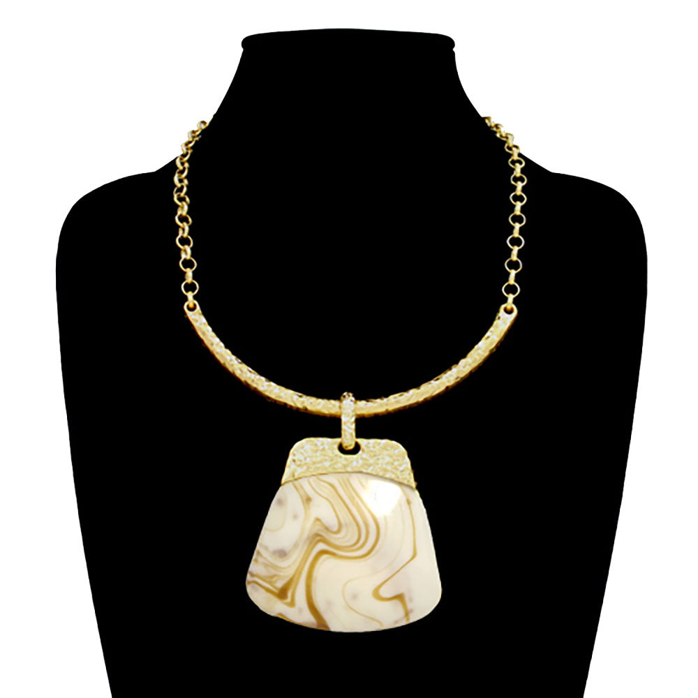 Madeline Love Gold, Ivory Bold Geometric Plate Pendant Accent Statement Necklace - Earrings - extra