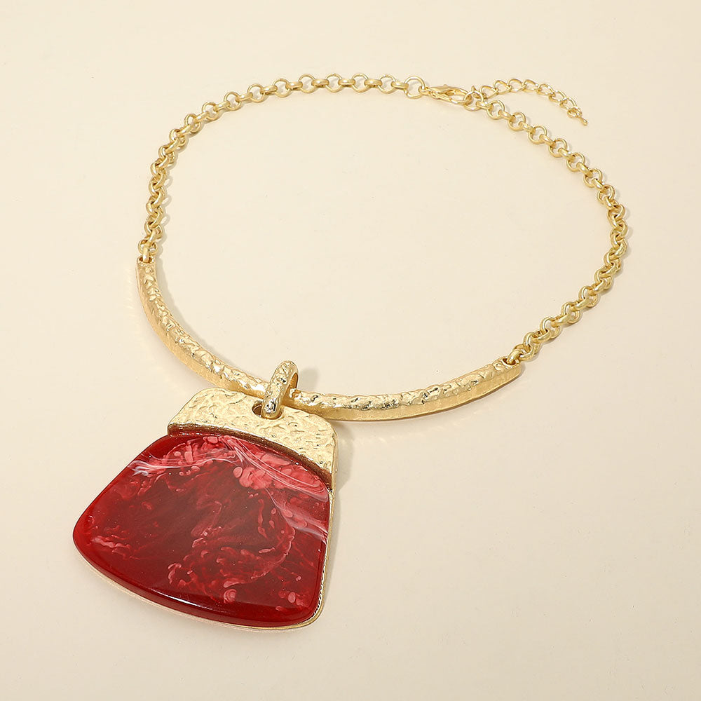Madeline Love Gold, Red Bold Geometric Plate Pendant Accent Statement Necklace - Earrings