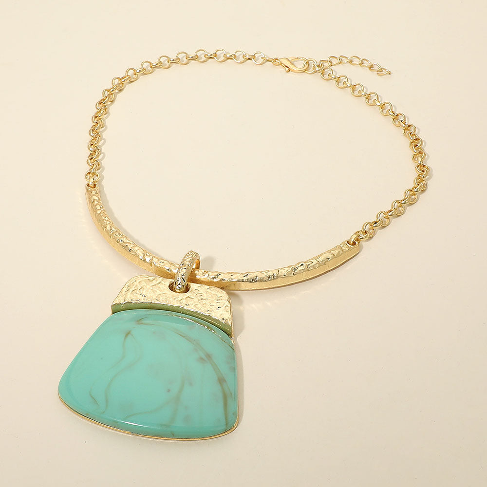 Madeline Love Gold, Turquoise Bold Geometric Plate Pendant Accent Statement Necklace - Earrings