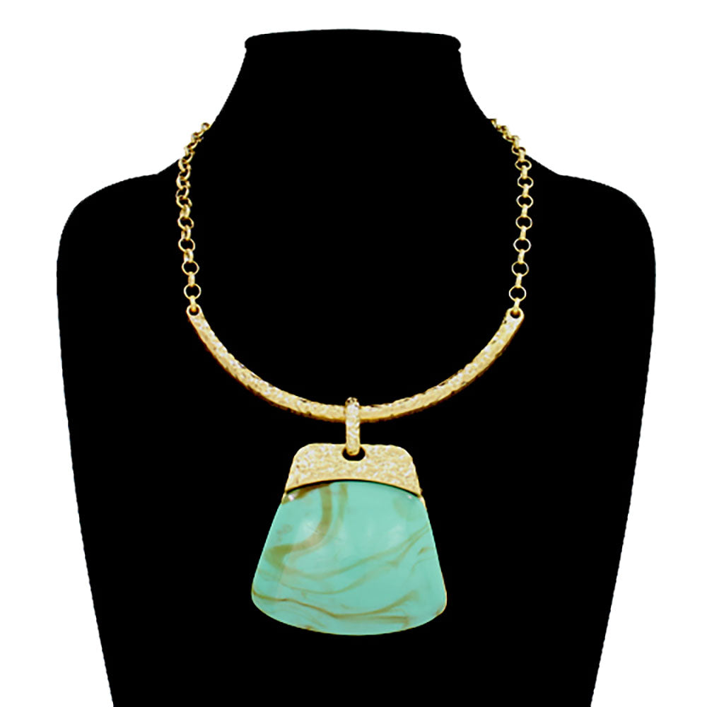 Madeline Love Gold, Turquoise Bold Geometric Plate Pendant Accent Statement Necklace - Earrings - extra