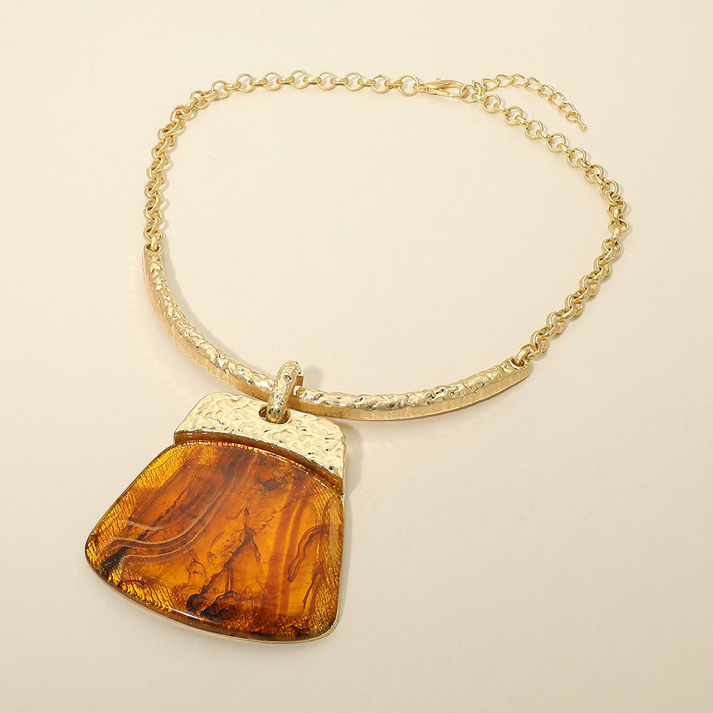 Madeline Love Gold, Tortoise Bold Geometric Plate Pendant Accent Statement Necklace - Earrings