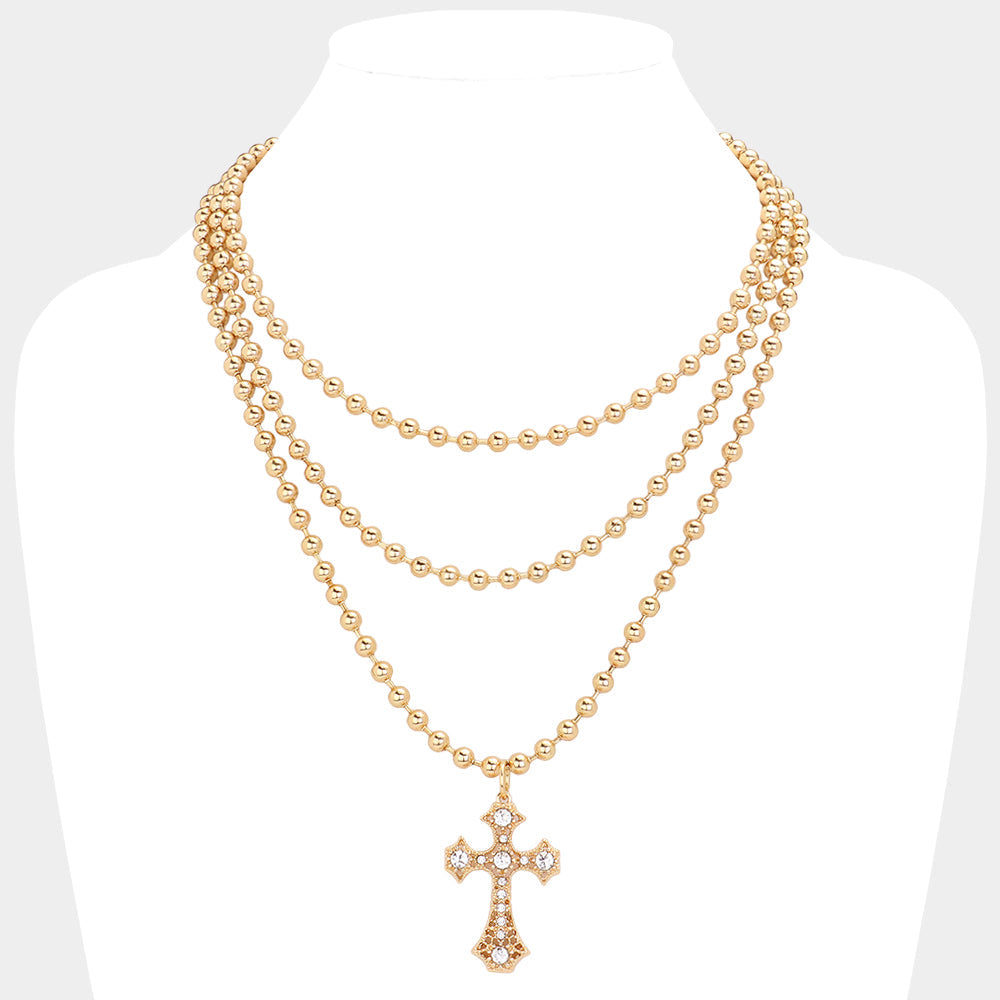 Madeline Love Gold SECRET BOX_Stone Pointed Cross Pendant Bubble Chain Triple Layered Necklace - Necklaces