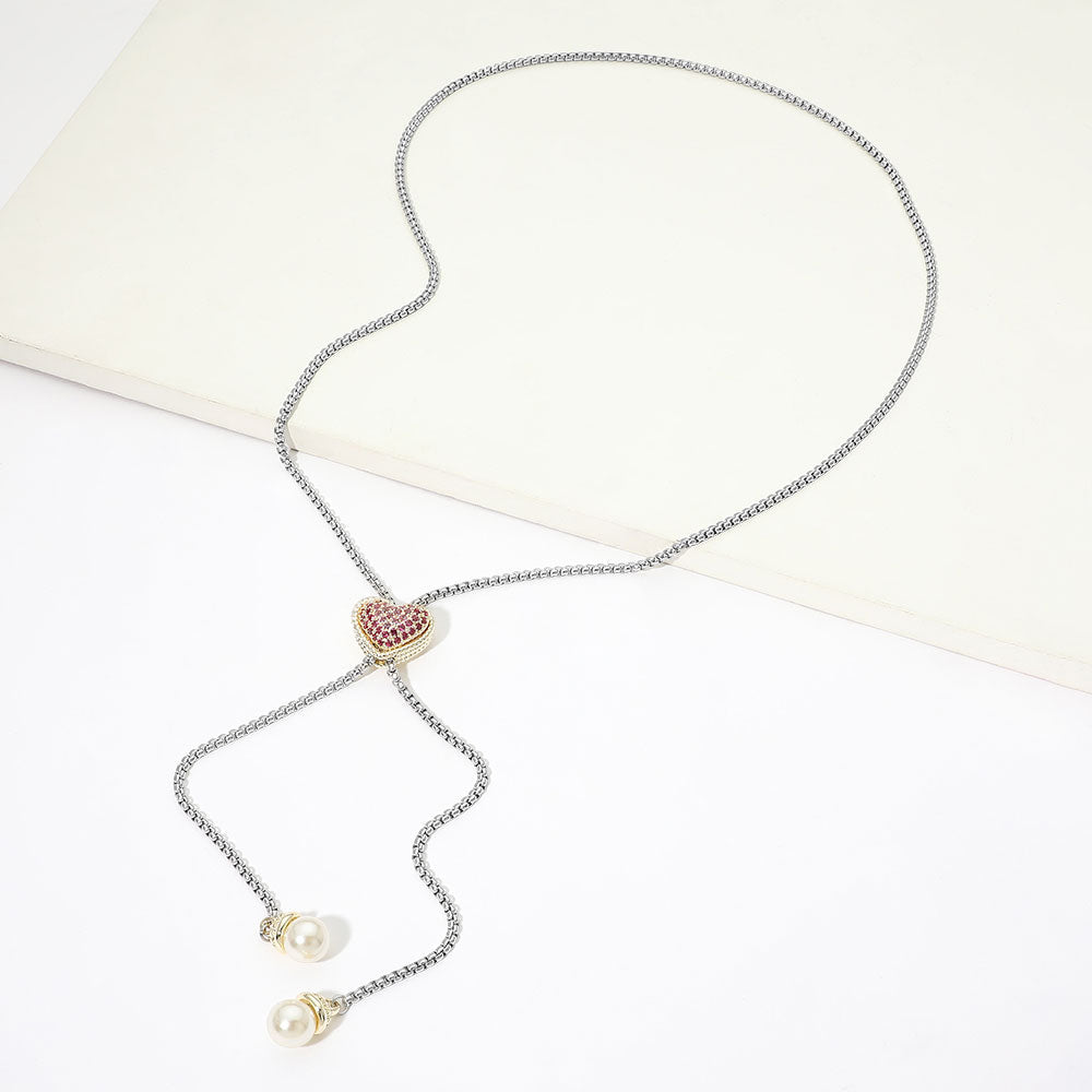 Madeline Love Multi 14K Gold Plated CZ Pave Heart Pearl Tip Drop Lariat Necklace
