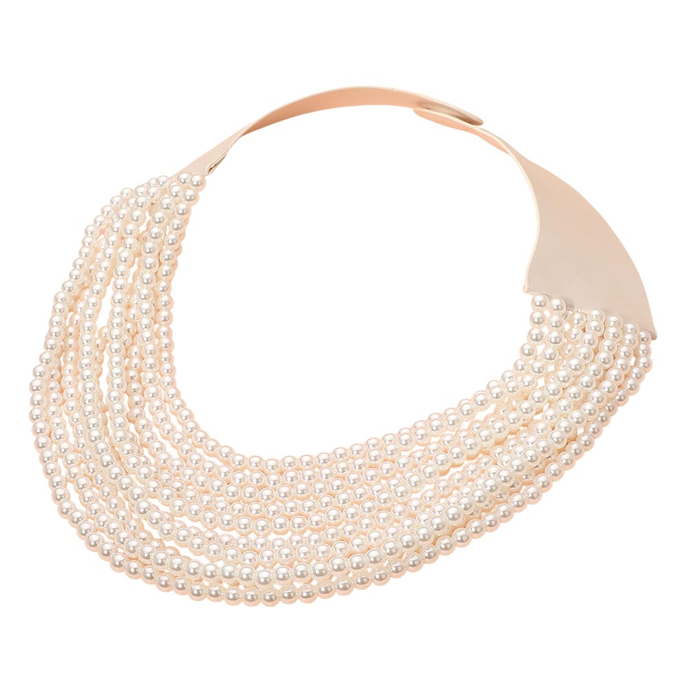 Cream Statement collar necklace featuring a flexible curved silhouette and layered beaded design with a secure magnetic closure. Designed to sit comfortably along the neckline, this bold yet refined accessory adds dimension and modern elegance to fashion collections, event styling, and trend-driven looks.
