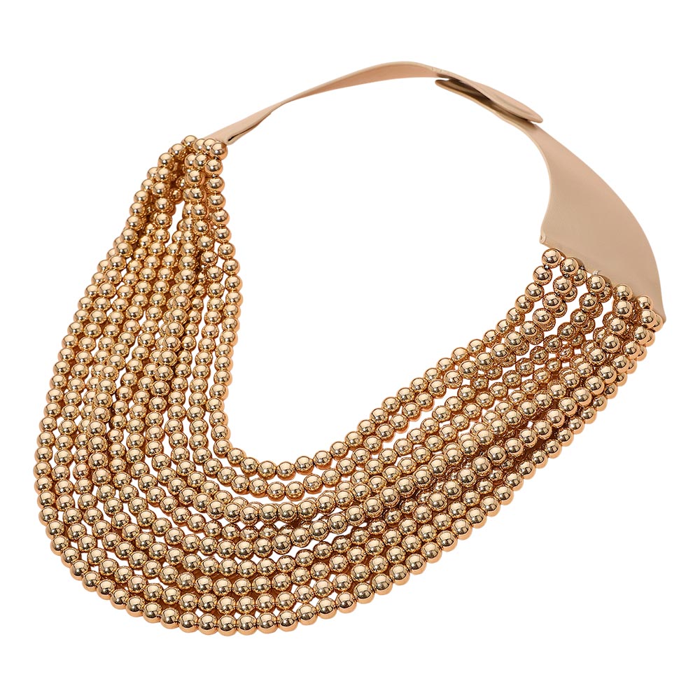 Gold Statement collar necklace featuring a flexible curved silhouette and layered beaded design with a secure magnetic closure. Designed to sit comfortably along the neckline, this bold yet refined accessory adds dimension and modern elegance to fashion collections, event styling, and trend-driven looks.
