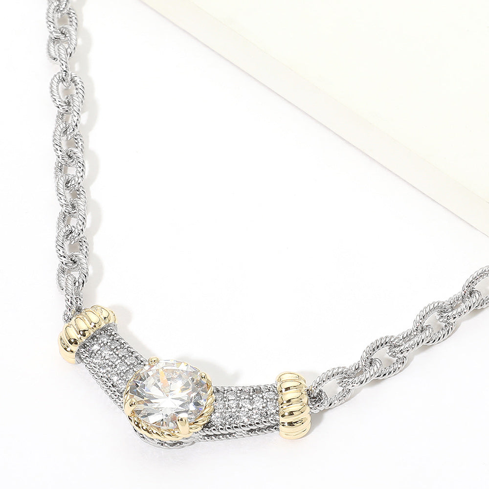 Madeline Love Two Tone 14K Gold Plated Two Tone Round CZ Stone Center Bar Accent Link Necklace