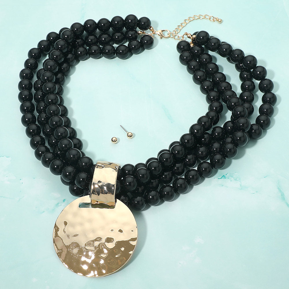 Madeline Love Black Bold Hammered Disc Plate Pendant Accent Multi Strand Beaded Statement Necklace - Necklaces