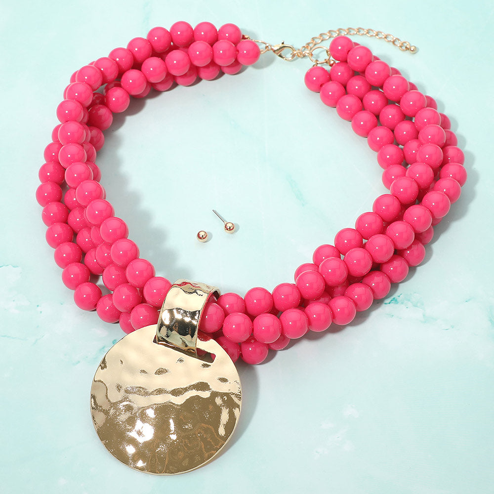Madeline Love Fuchsia Bold Hammered Disc Plate Pendant Accent Multi Strand Beaded Statement Necklace - Necklaces