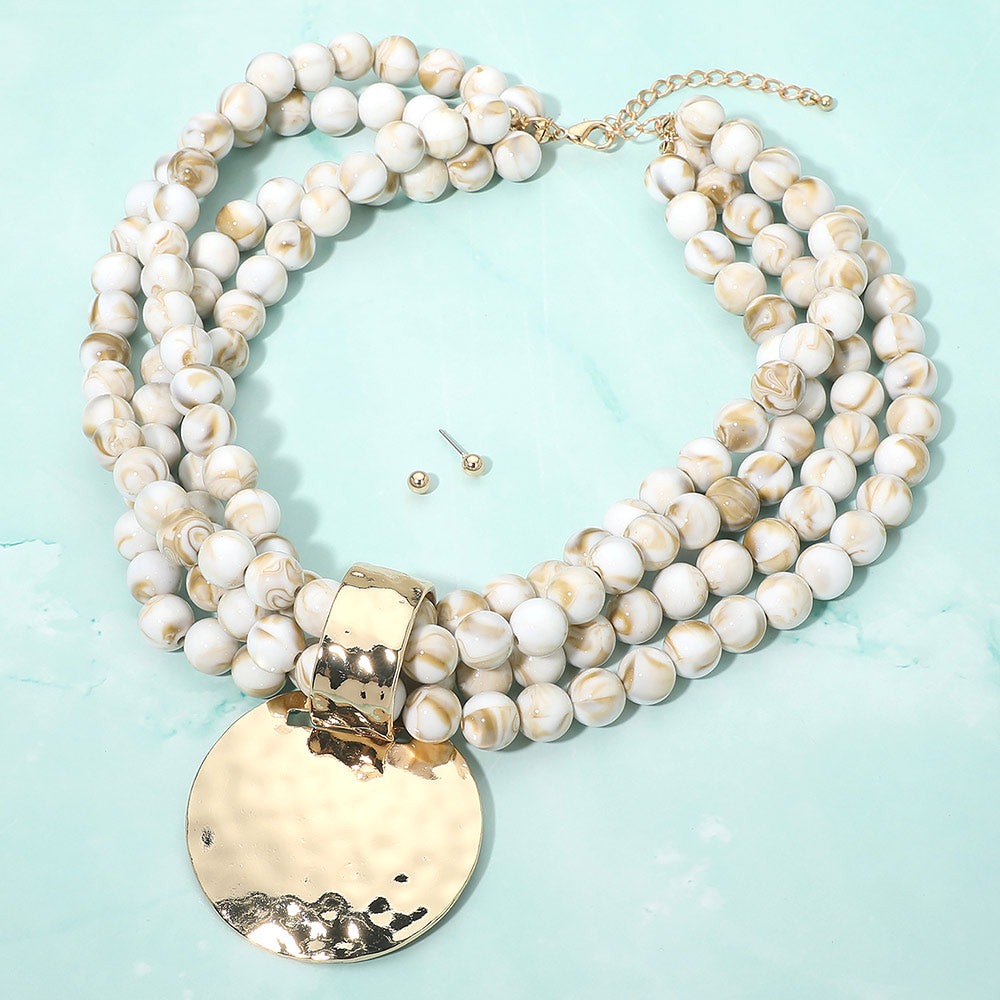 Madeline Love Ivory Bold Hammered Disc Plate Pendant Accent Multi Strand Beaded Statement Necklace - Necklaces