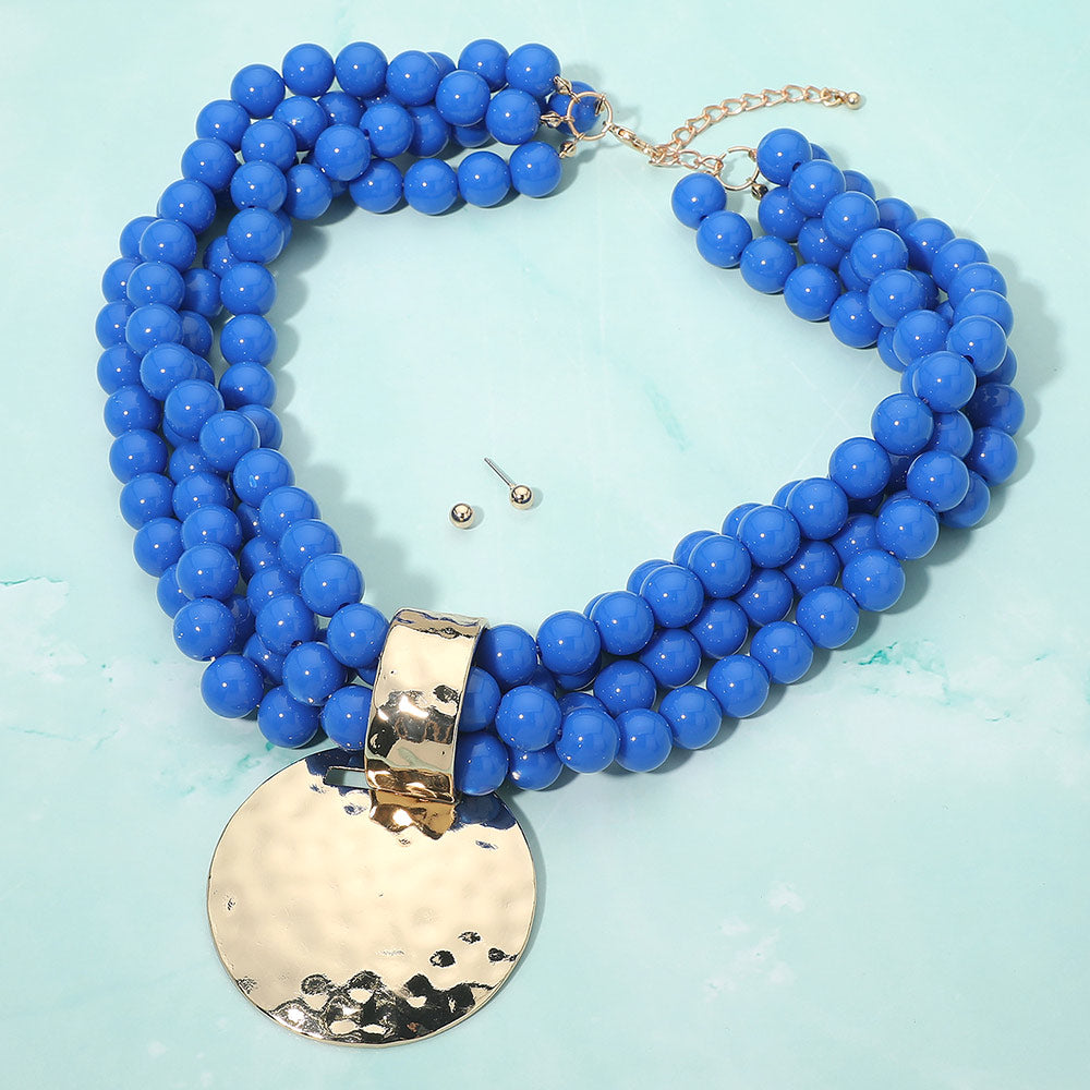 Madeline Love Royal Blue Bold Hammered Disc Plate Pendant Accent Multi Strand Beaded Statement Necklace - Necklaces
