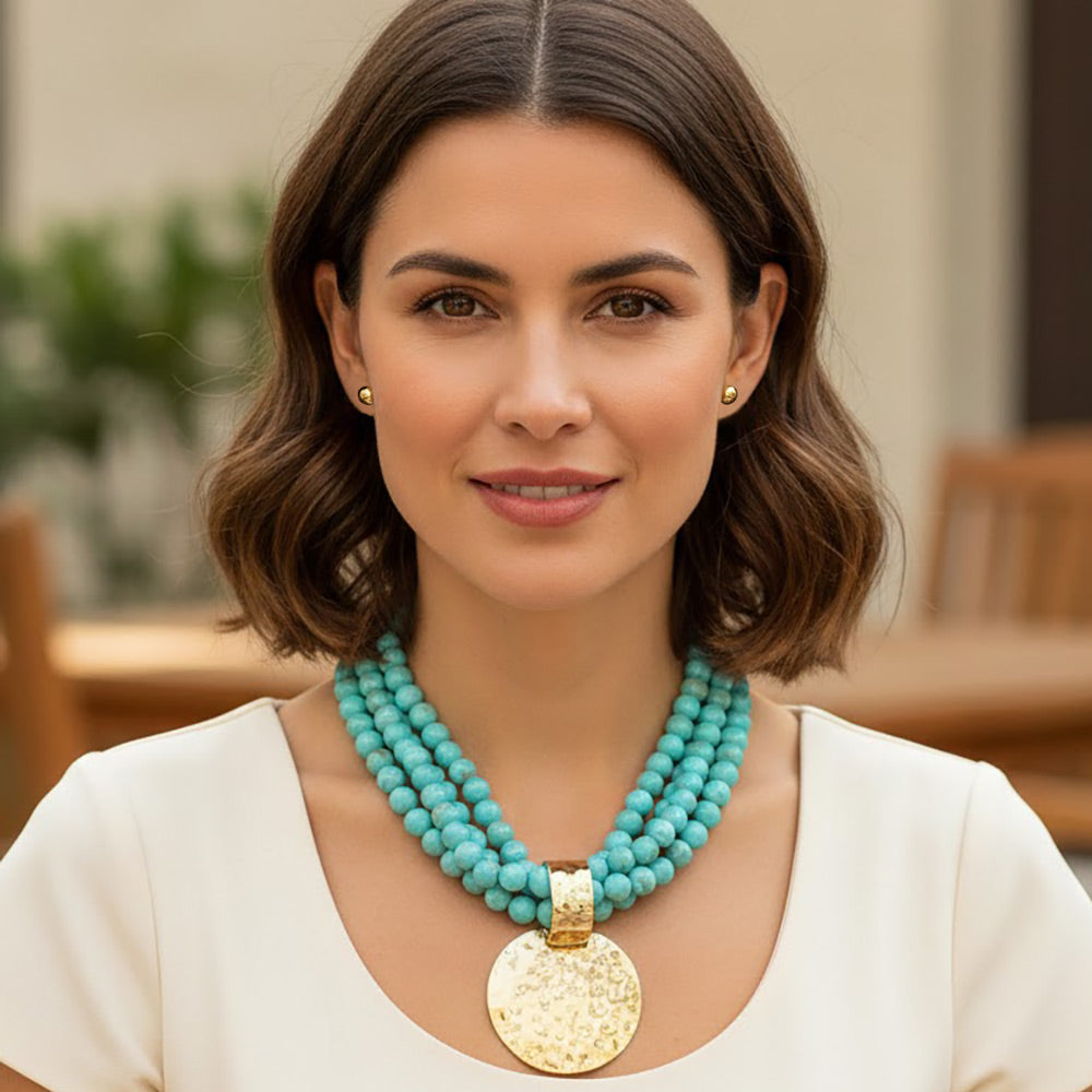 Madeline Love Turquoise Bold Hammered Disc Plate Pendant Accent Multi Strand Beaded Statement Necklace - Necklaces