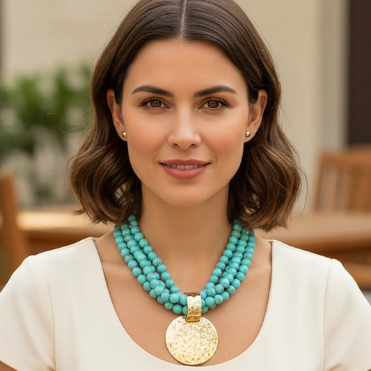 Madeline Love Turquoise Bold Hammered Disc Plate Pendant Accent Multi Strand Beaded Statement Necklace - Necklaces