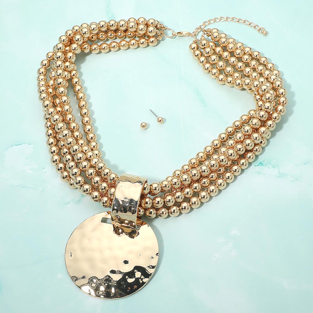 Madeline Love Gold Bold Hammered Disc Plate Pendant Accent Multi Strand Beaded Statement Necklace - Necklaces
