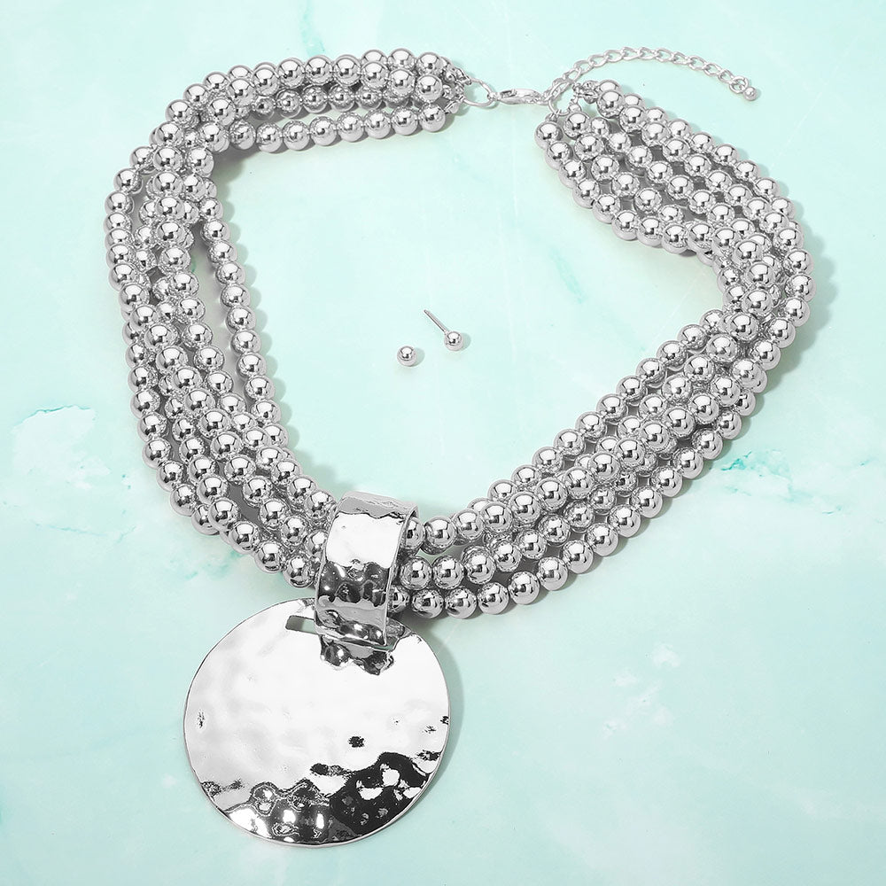 Madeline Love Rhodium Bold Hammered Disc Plate Pendant Accent Multi Strand Beaded Statement Necklace - Necklaces