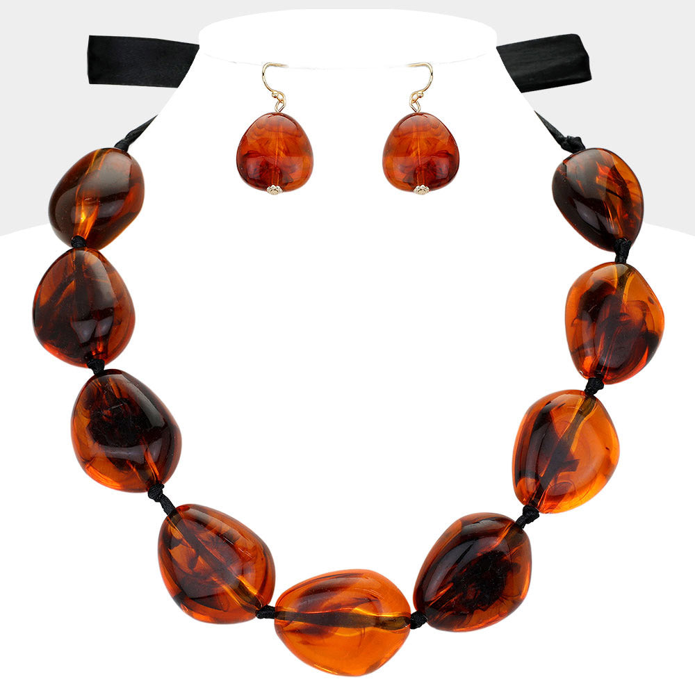 Madeline Love Black, Brown, Gold Amber Pebble Stone Beaded Statement Necklace - Necklaces