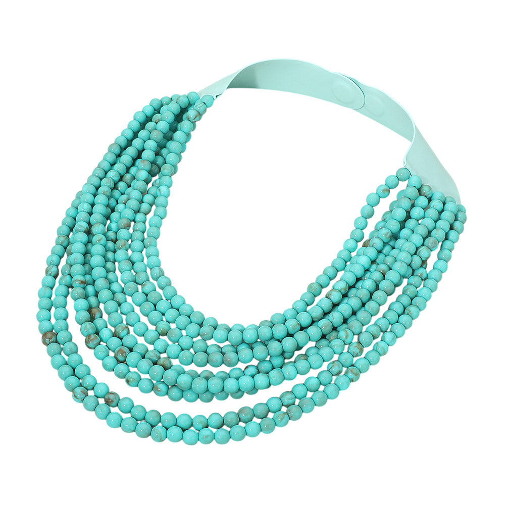 Madeline Love Turquoise Marbled Ball Beaded Multi Layered Faux Leather Magnetic Necklace - Necklaces - desc