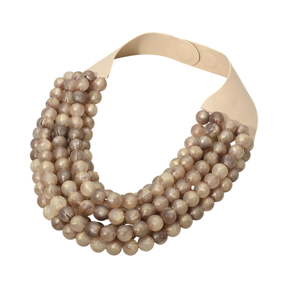Madeline Love Brown Marbled Ball Beaded Multi Layered Faux Leather Magnetic Collar Necklace - Necklaces - desc