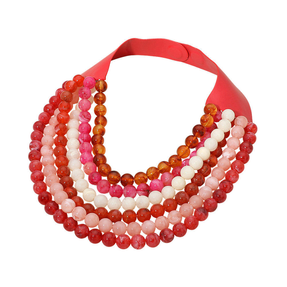 Madeline Love Multi, Red Multi Strand Marbled Ball Beaded Faux Leather Magnetic Necklace - Necklaces - desc