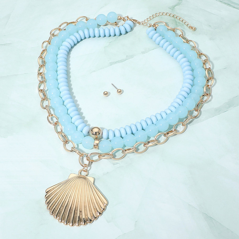 Madeline Love Blue Bold Seashell Pendant Accent Multi Layered Beaded Chain Statement Necklace - Necklaces