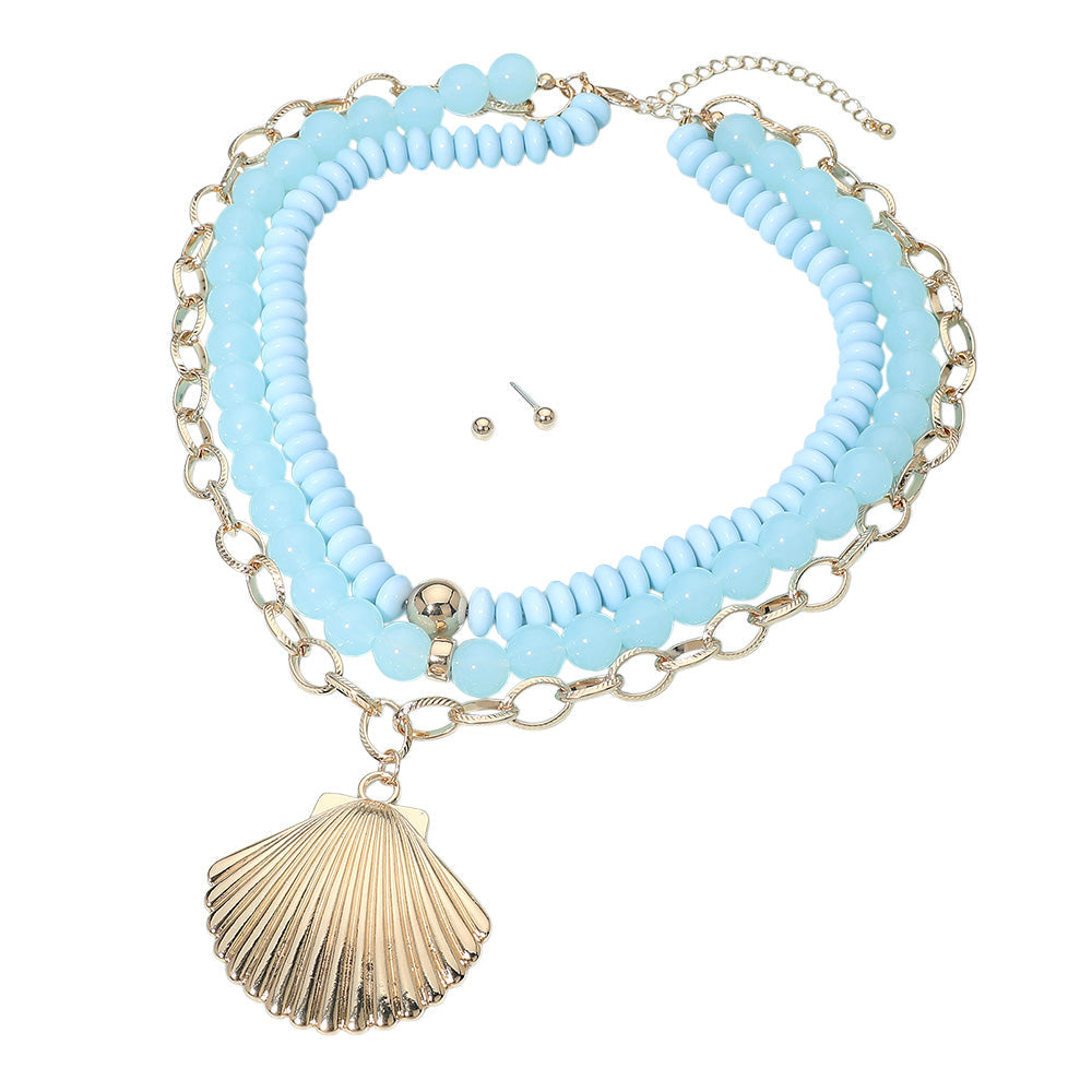 Madeline Love Blue Bold Seashell Pendant Accent Multi Layered Beaded Chain Statement Necklace - Necklaces - desc
