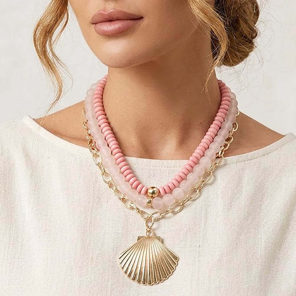 Madeline Love Pink Bold Seashell Pendant Accent Multi Layered Beaded Chain Statement Necklace - Necklaces