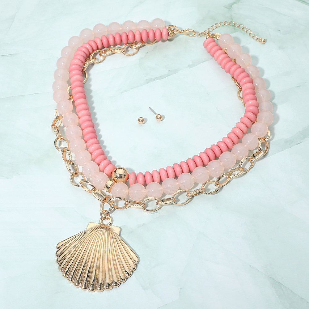 Madeline Love Pink Bold Seashell Pendant Accent Multi Layered Beaded Chain Statement Necklace - Necklaces - desc