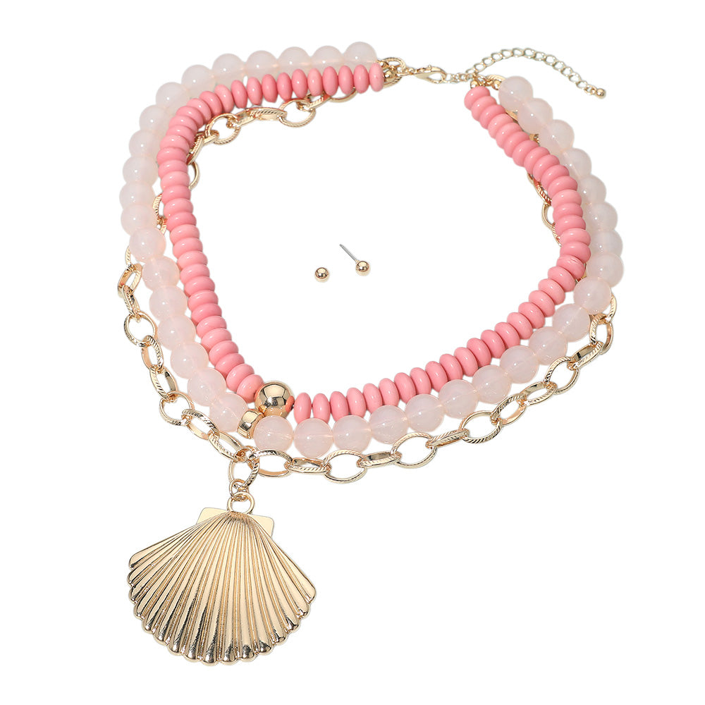 Madeline Love Pink Bold Seashell Pendant Accent Multi Layered Beaded Chain Statement Necklace - Necklaces - extra