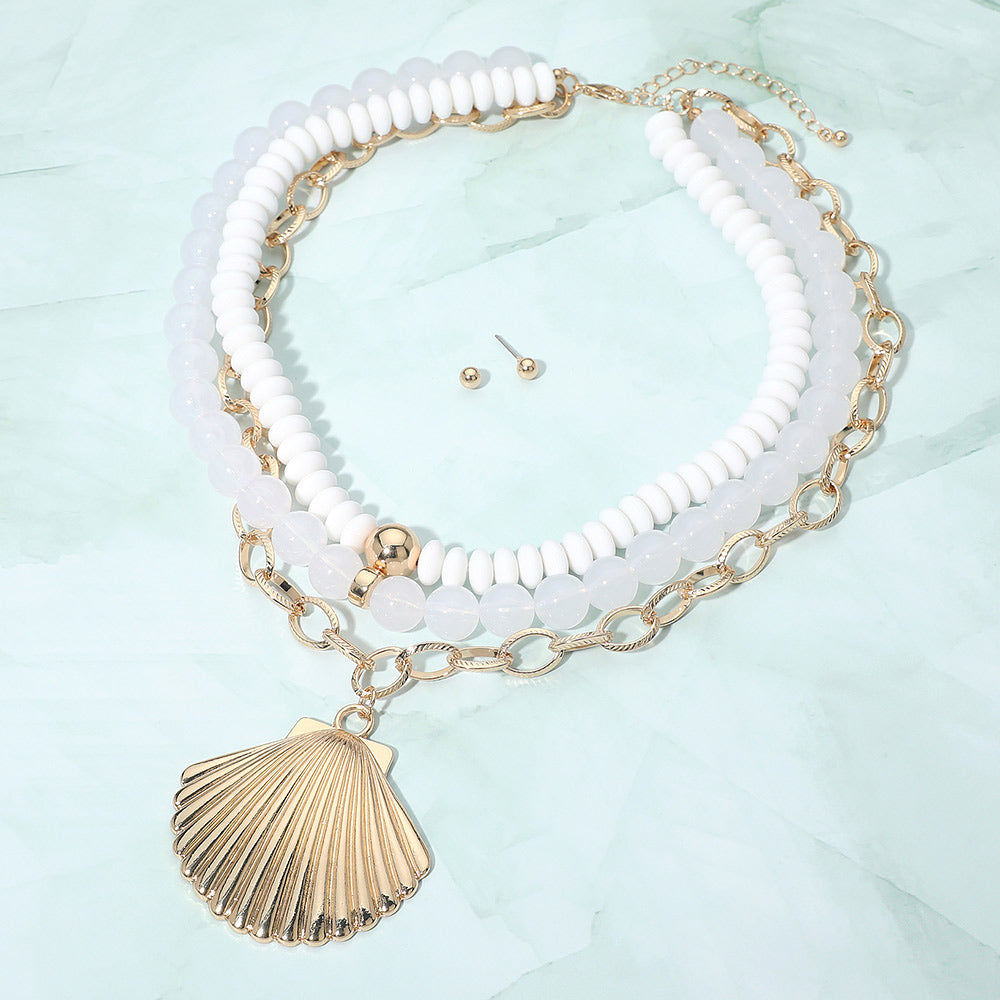 Madeline Love White Bold Seashell Pendant Accent Multi Layered Beaded Chain Statement Necklace - Necklaces