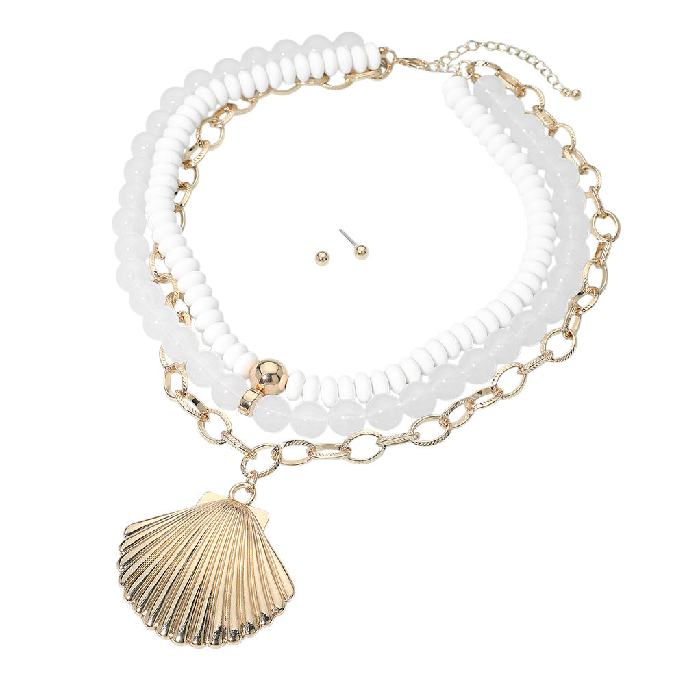 Madeline Love White Bold Seashell Pendant Accent Multi Layered Beaded Chain Statement Necklace - Necklaces - desc