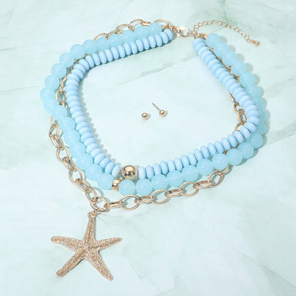 Madeline Love Blue Bold Starfish Pendant Accent Multi Layered Beaded Chain Statement Necklace - Necklaces
