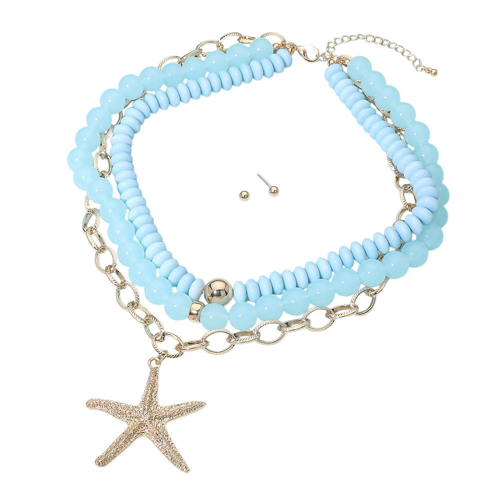 Madeline Love Blue Bold Starfish Pendant Accent Multi Layered Beaded Chain Statement Necklace - Necklaces - desc