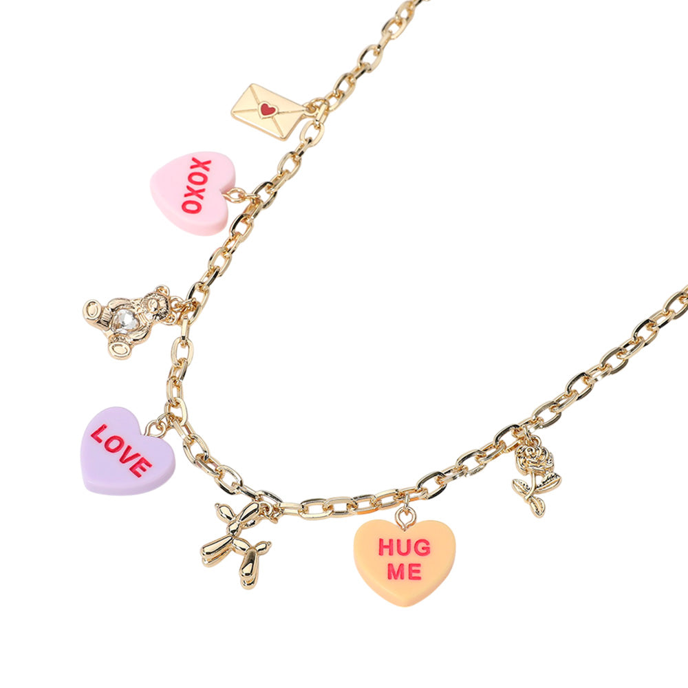 XOXO LOVE HUG ME Message Heart Metal Balloon Dog Teddy Bear Love Letter Charm Station Necklace