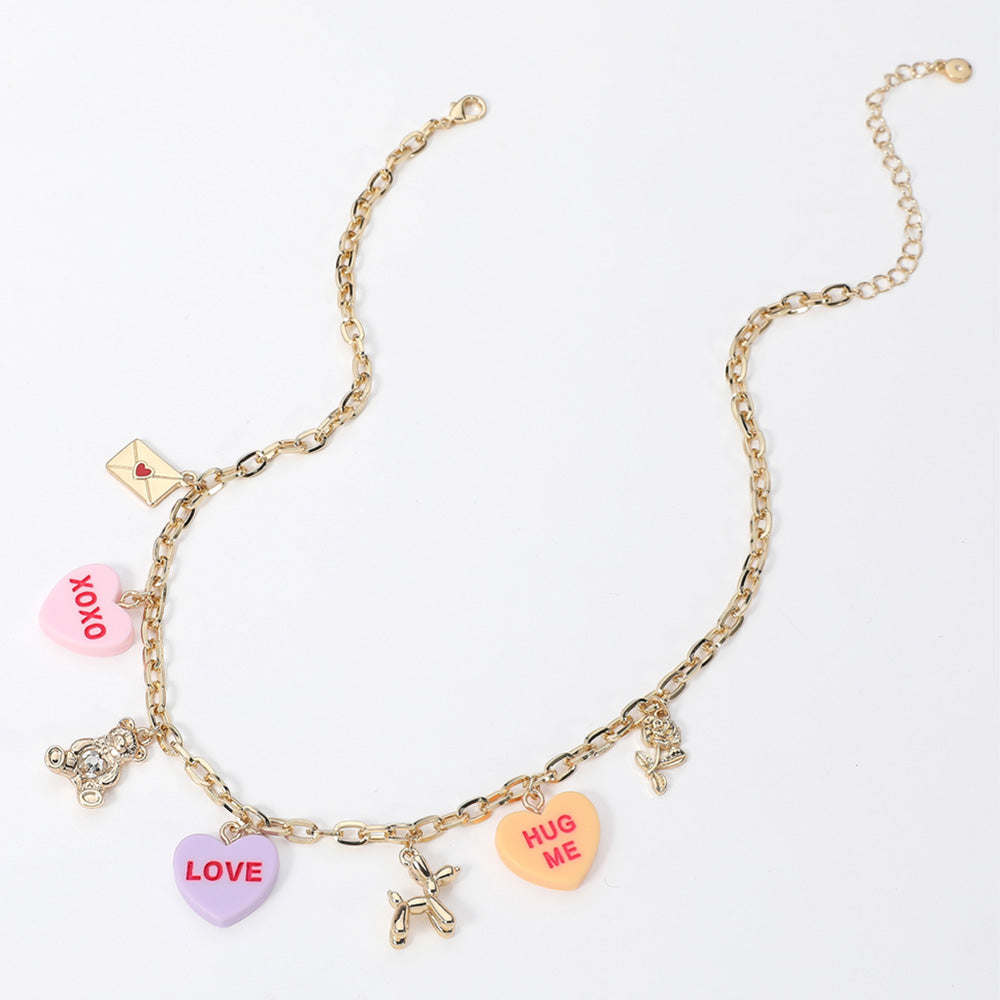 XOXO LOVE HUG ME Message Heart Metal Balloon Dog Teddy Bear Love Letter Charm Station Necklace