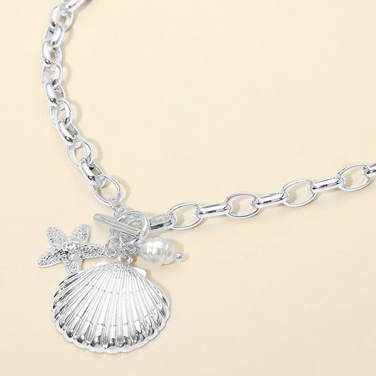 Madeline Love Rhodium Seashell Starfish Pearl Charm Toggle Chunky Chain Necklace - Necklaces