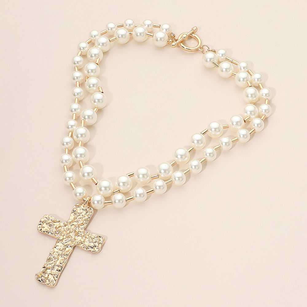 Madeline Love Cream, Gold Bold Hammered Metal Cross Pendant Pearl Beaded Layered Necklace