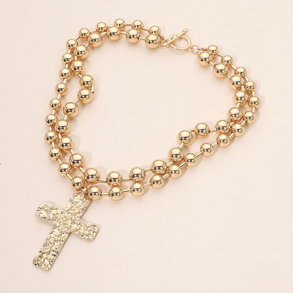 Madeline Love Gold Bold Hammered Metal Cross Pendant Beaded Layered Necklace