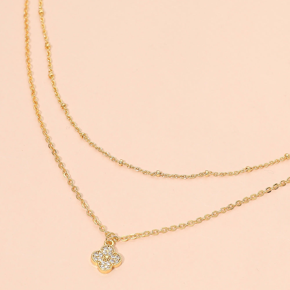 Madeline Love Clear, Gold 18K Gold Dipped Dainty Rhinestone Pave Quatrefoil Pendant Accent Layered Chain Necklace
