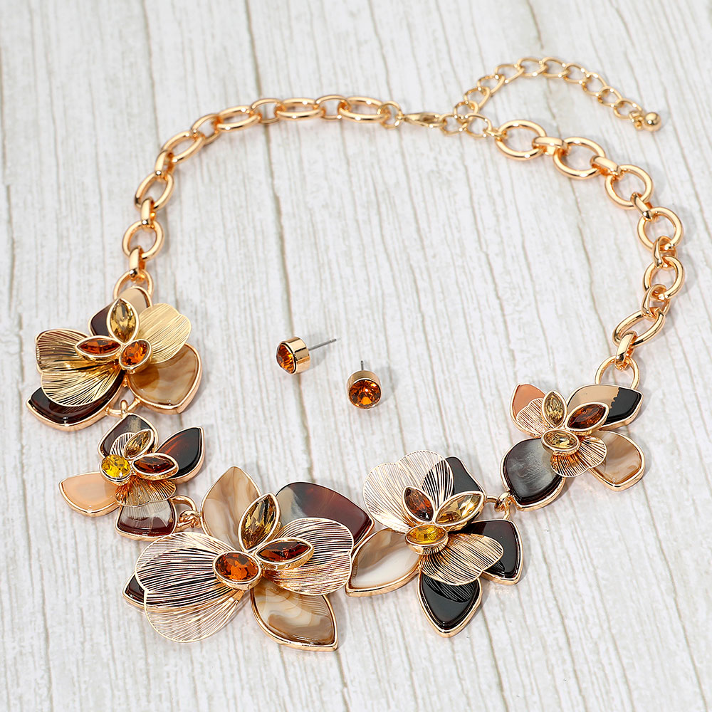 Madeline Love Brown, Gold Stone Accent Resin Metal Cutout Floral Link Statement Necklace - Necklaces