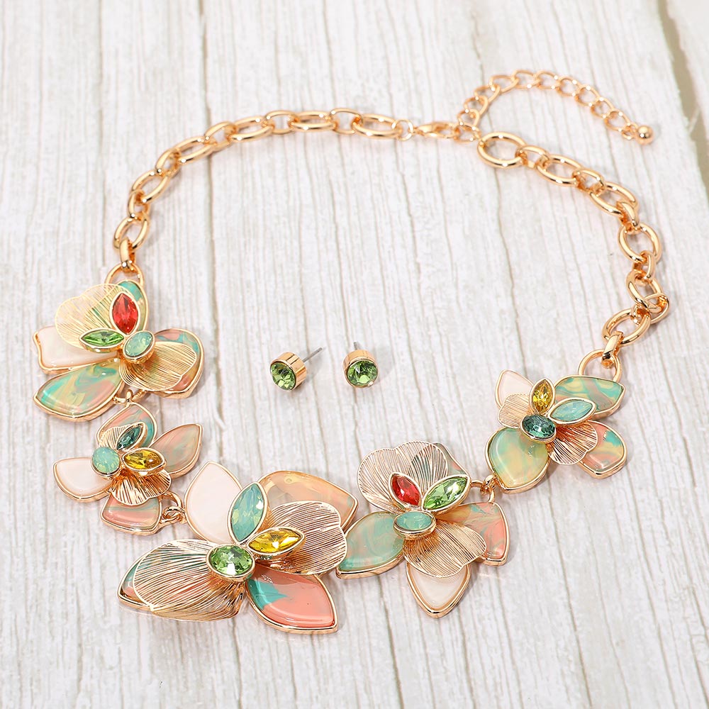 Madeline Love Gold, Light, Multi Stone Accent Resin Metal Cutout Floral Link Statement Necklace - Necklaces