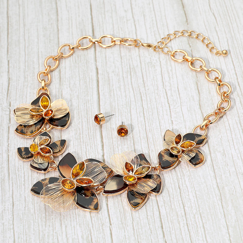 Madeline Love Gold, Leopard Stone Accent Resin Metal Cutout Floral Link Statement Necklace - Necklaces