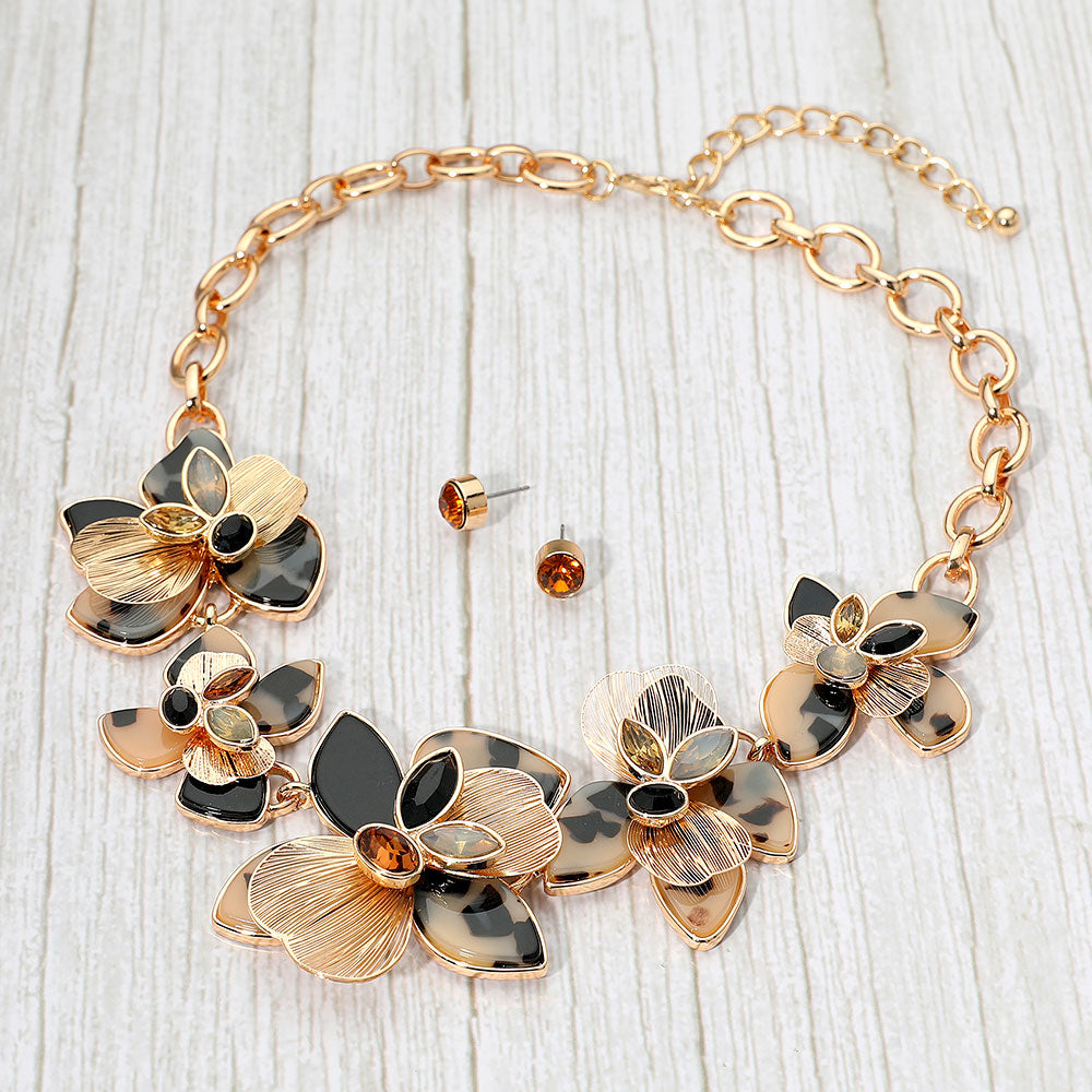 Madeline Love Black, Gold, Neutral Stone Accent Resin Metal Cutout Floral Link Statement Necklace - Necklaces