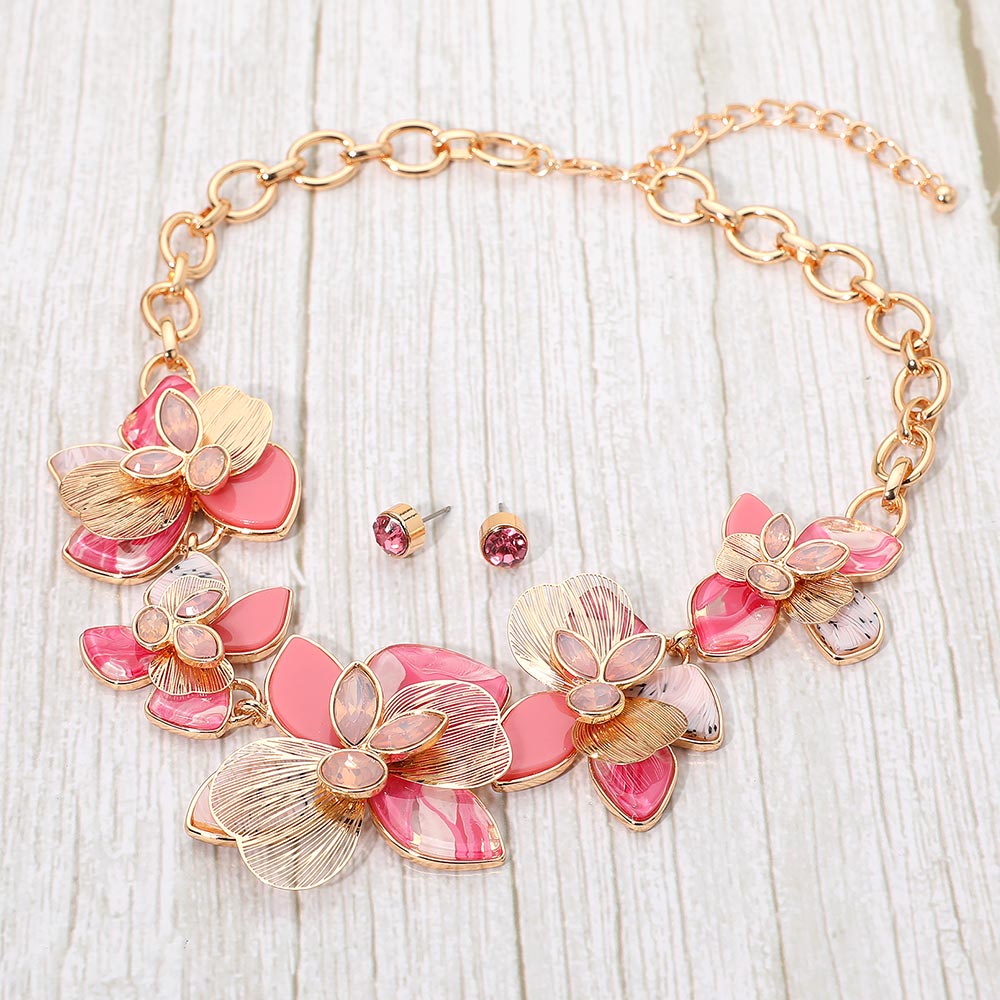 Madeline Love Gold, Pink Stone Accent Resin Metal Cutout Floral Link Statement Necklace - Necklaces