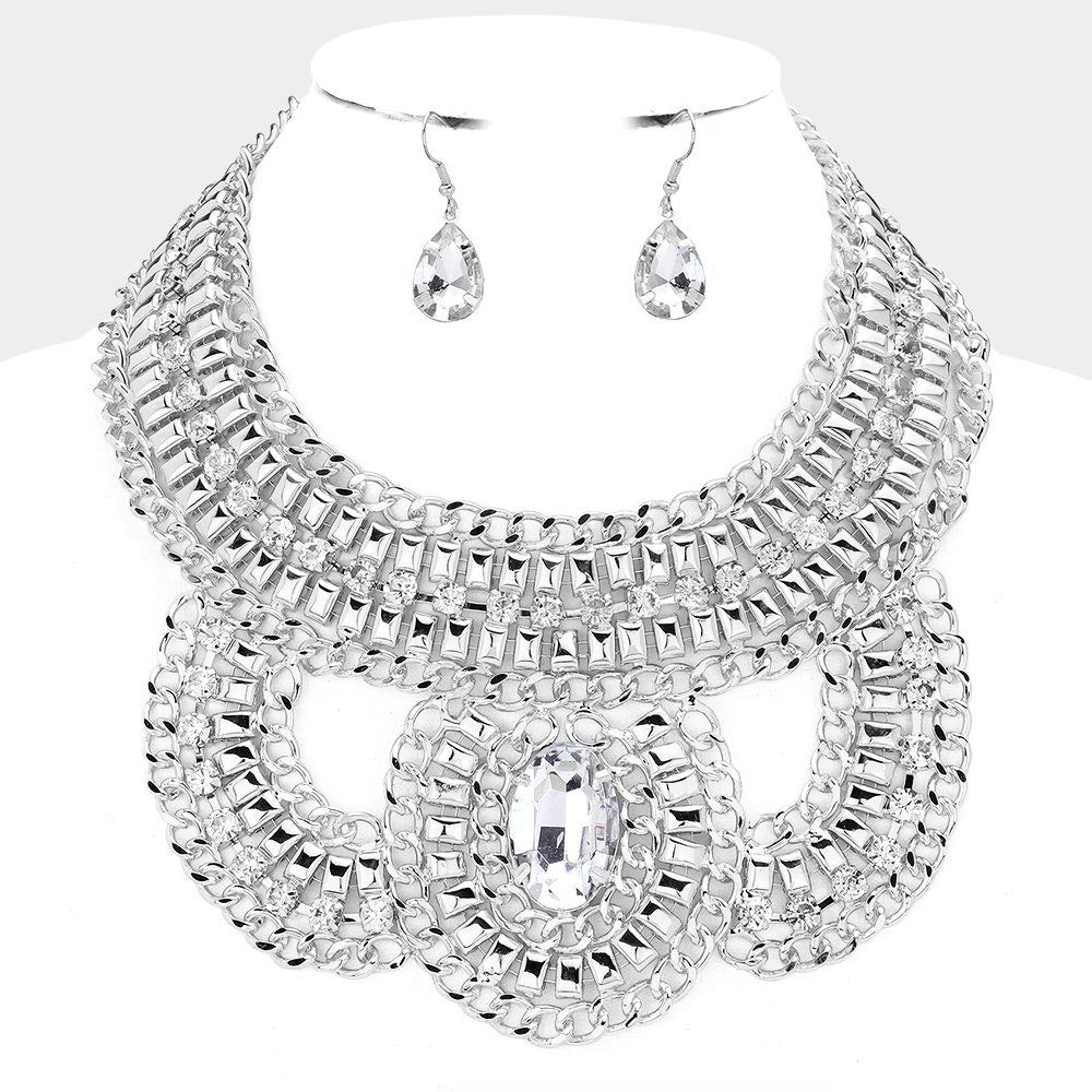 Madeline Love Rhodium Oval Stone Accented Statement Necklace - Necklaces