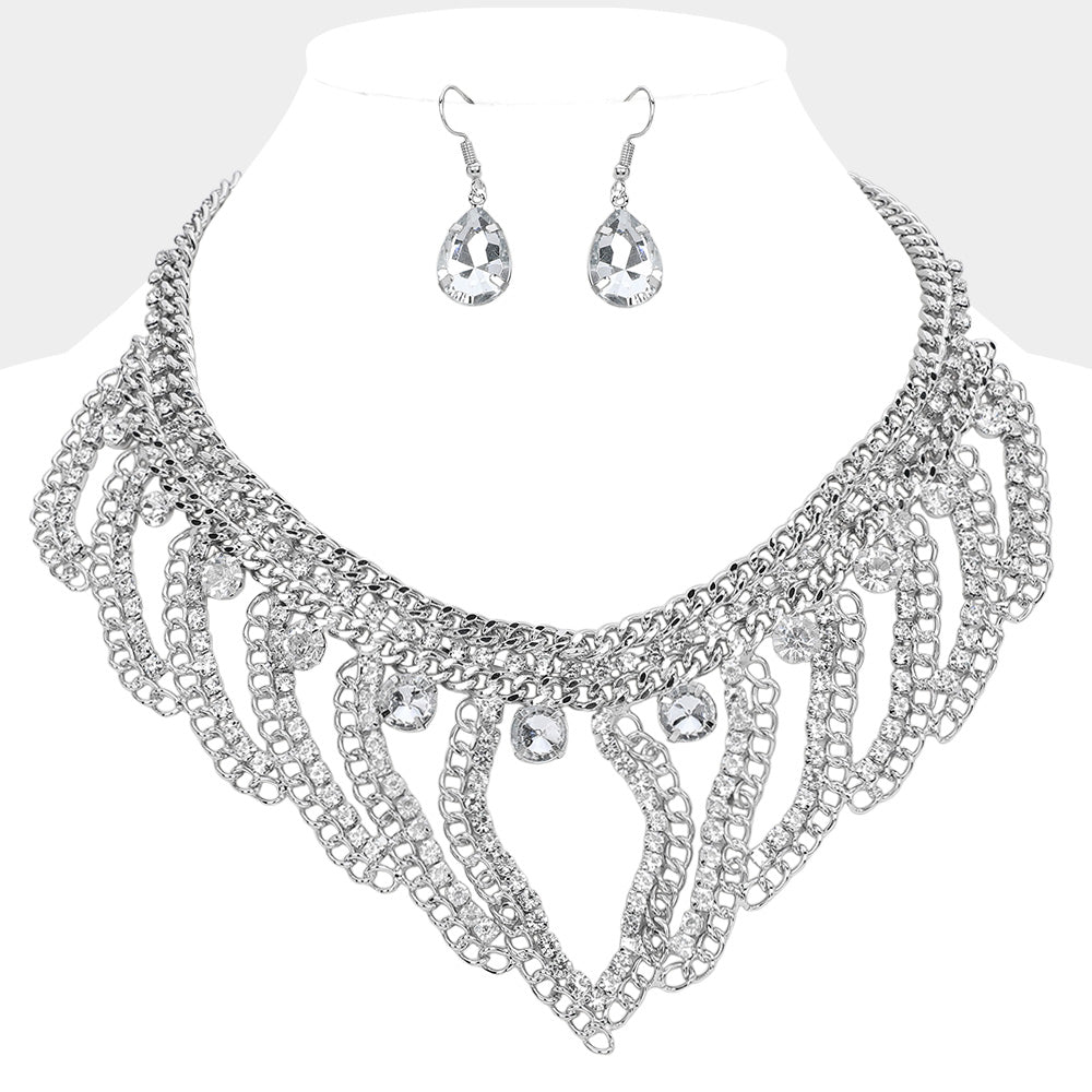Madeline Love Clear, Rhodium Stone Cluster Pointed Chunky Abstract Chain Necklace - Necklaces