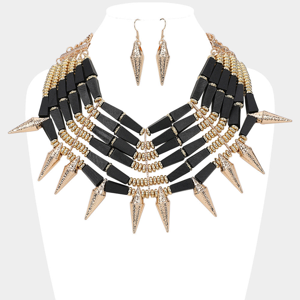 Madeline Love Black, Gold Wooden Metal Bat Beaded Spike Statement Necklace - Necklaces