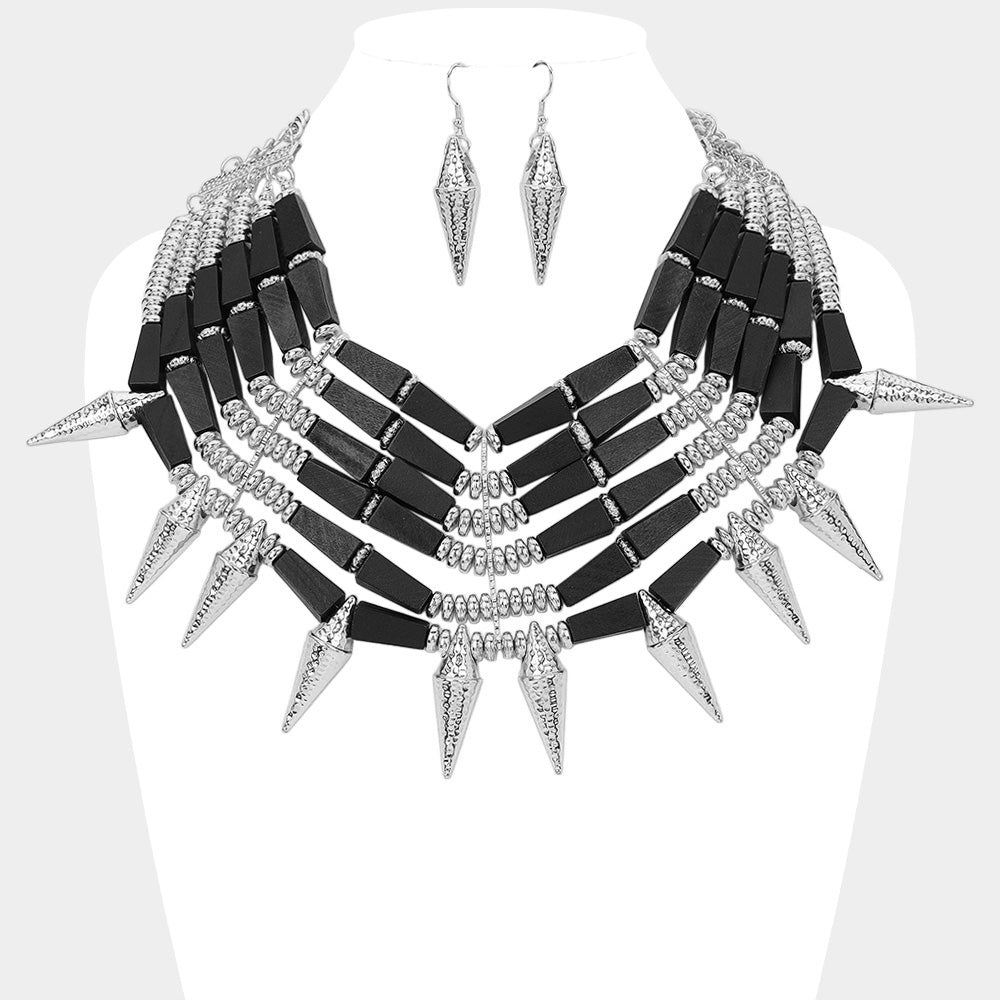 Madeline Love Black, Rhodium Wooden Metal Bat Beaded Spike Statement Necklace - Necklaces