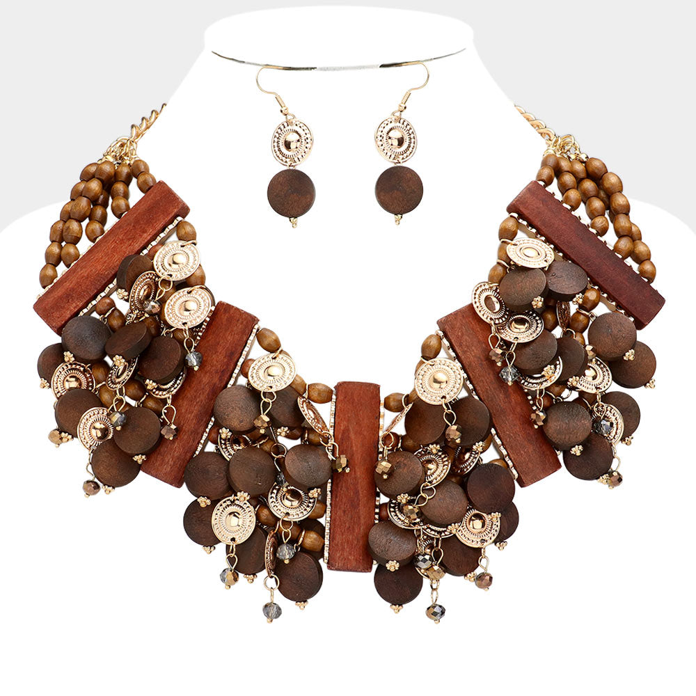 Madeline Love Gold, Wood Ethnic Vintage Wooden Bib Necklace - Necklaces