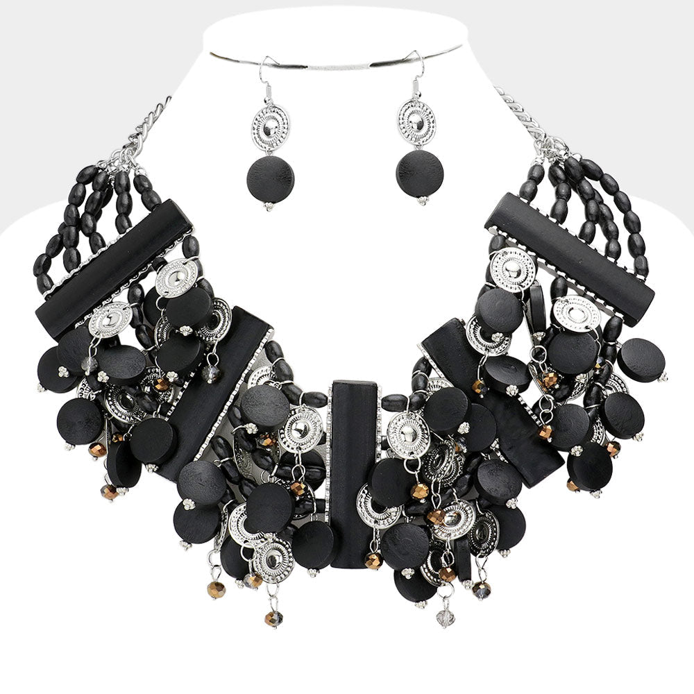 Madeline Love Black, Rhodium Ethnic Vintage Wooden Bib Necklace - Necklaces